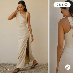 Anthropologie Linen‎ One Shoulder Asymmetrical Maxi Dress Tan Large
